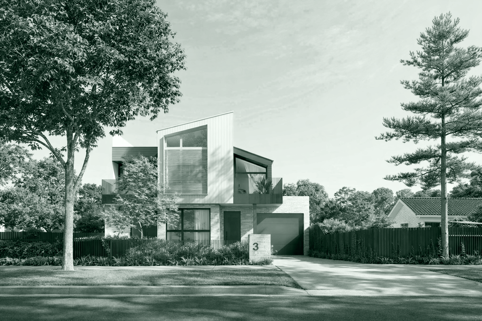 Architectural render of a modern two-storey home at 3 Preston, featuring dark vertical cladding, a cantilevered upper level with balcony, double garage and landscaped front garden